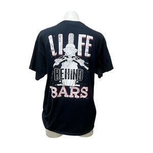 Life Behind Bars Unisex Skull Motorcycle Graphic T-Shirt Black Size L